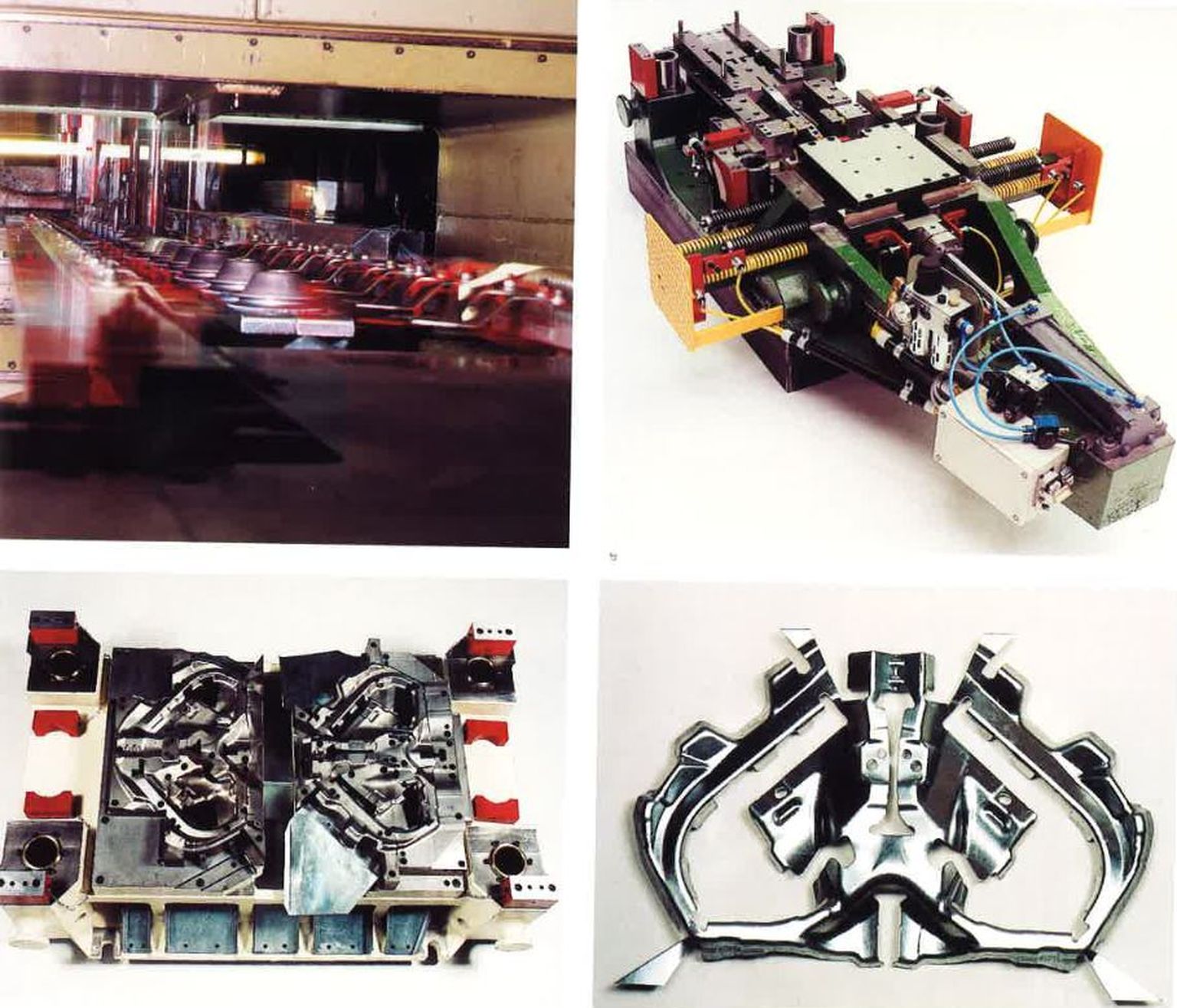 Collage aus vier Bildern, die Industriemaschinen und Metallteile in verschiedenen Konfigurationen und Montagestufen zeigen.