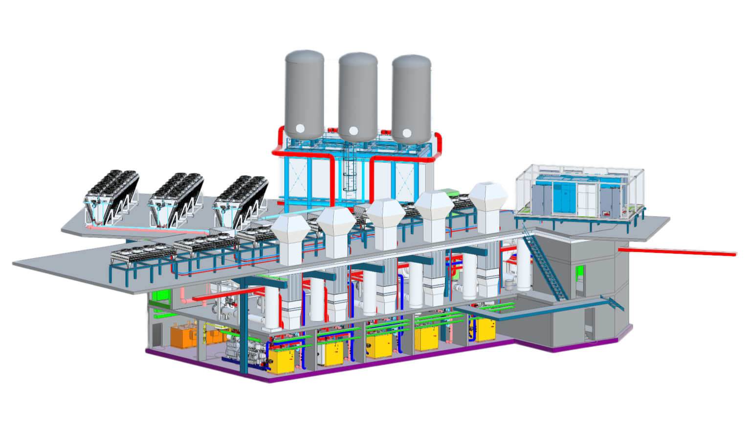 Schema einer mehrstufigen Industrieanlage mit Maschinen, Rohrleitungen und Silos. Zu den Merkmalen gehören Förderbänder, Lagertanks und Kontrollräume.